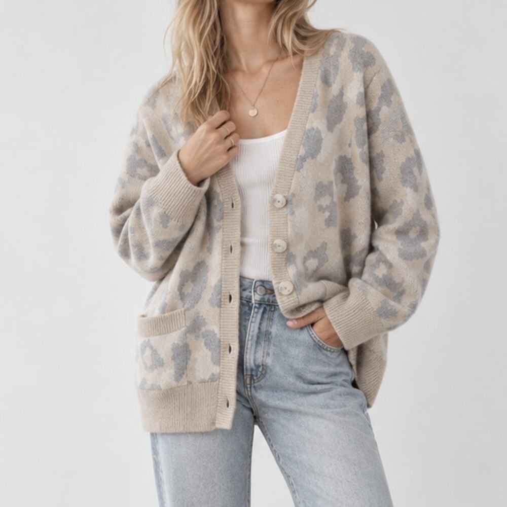 Rag & Bone Mohair Alpaca Animal Print Cardigan Womens M Beige/Gray Long Sleeve